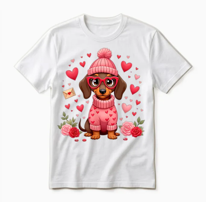 Valentine Dog Mom Valentine Dachshund Weiner T-Shirt, Black, S Unisex T-Shirt in White