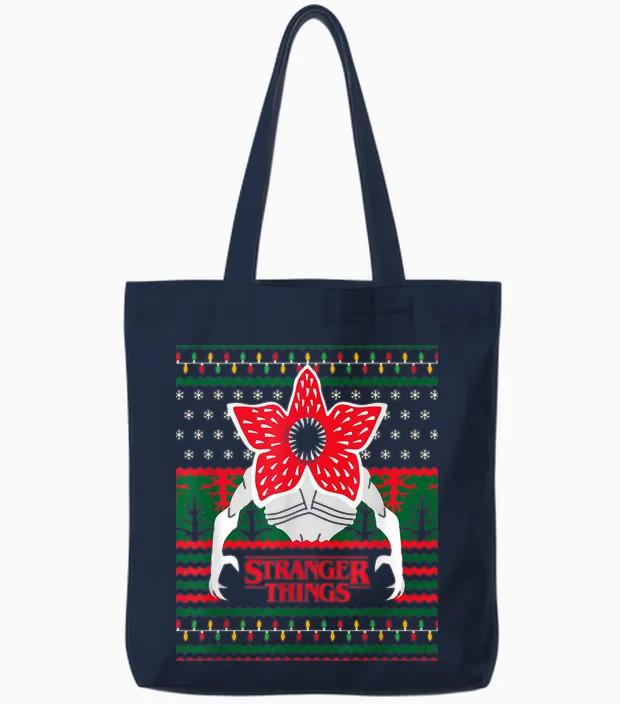 Stranger Things Christmas Epic Demogorgon Ugly Sweater Logo Tote Bags in Navy