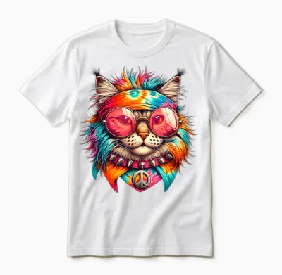 Psychedelic Cat Peace Colorful Hippie Retro Groovy Vibes T-Shirt, Black, S Unisex T-Shirt - White