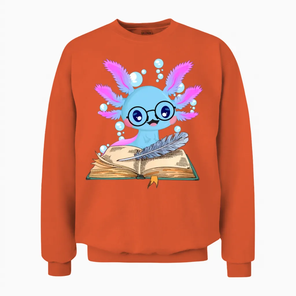 Read Book Axolotl Reading Boo Lizard Unisex Sweatshirt in Orange