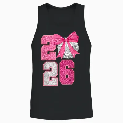 Happy New Year 2026 Disco Ball Pink Coquette Bow Family Unisex Tank Top - Black