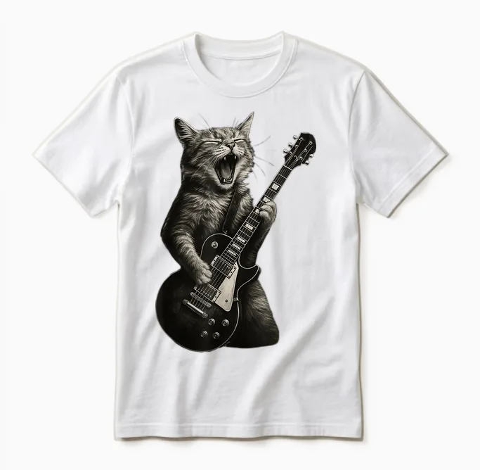 Cat Playing Guitar Rock Funny Unisex T-Shirt in White