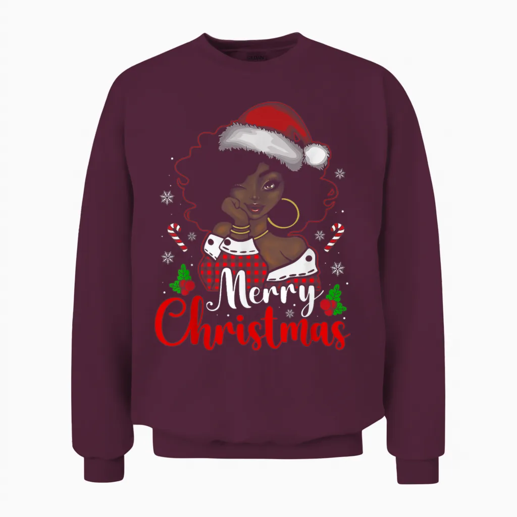 Merry Christmas Black African Girl Santa Hat Xmas Pajamas Unisex Sweatshirt in Maroon
