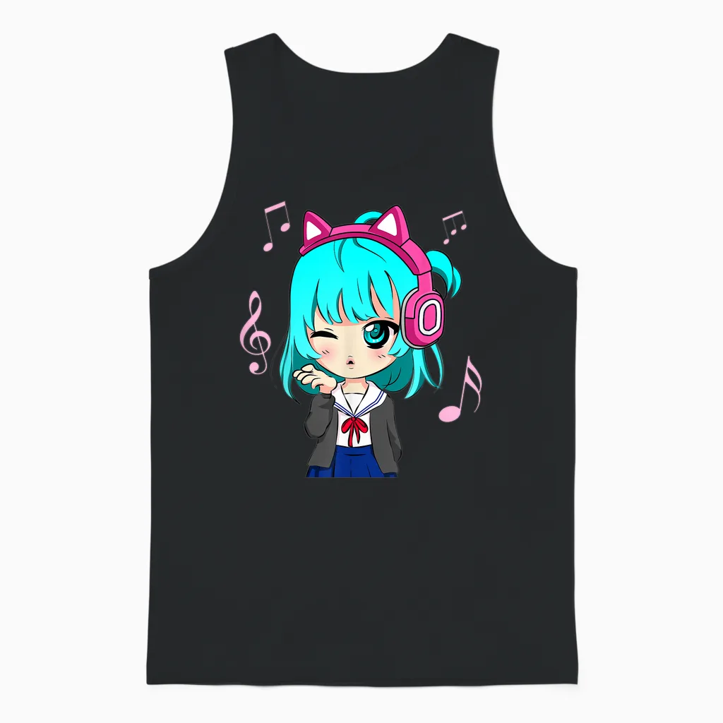 Anime and Music Girl for Teen Chibi Graphic Anime Girl T-Shirt Small Unisex Tank Top in Black