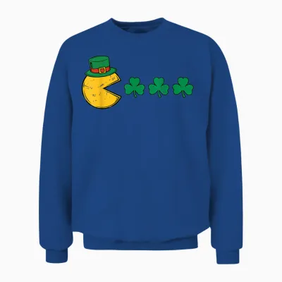 St Patricks Day Eating Shamrock Retro Gamer Kids Men Boys Unisex Sweatshirt - Royal