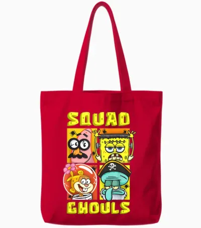Mademark X Spongebob Squarepants - Spongebob Patrick Squidward Sandy Halloween Squad Ghouls Fun Tote Bags - Red