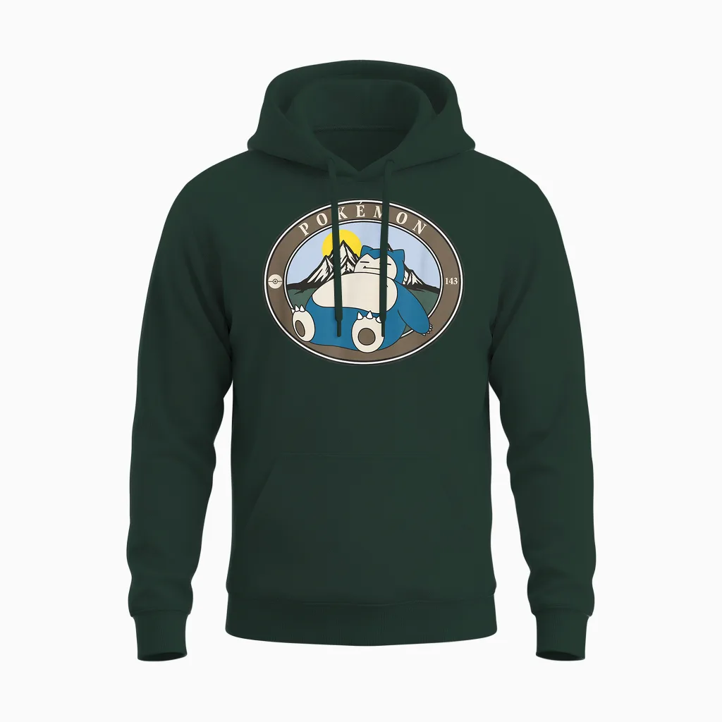 Pokémon 143 Snorlax Sleepy Outdoor Adventures Park Badge Unisex Hoodie in Forest