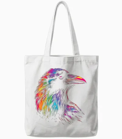 Raven Colourful Bird Art Animal Painting Motif Raven T-Shirt, Black Tote Bags - White