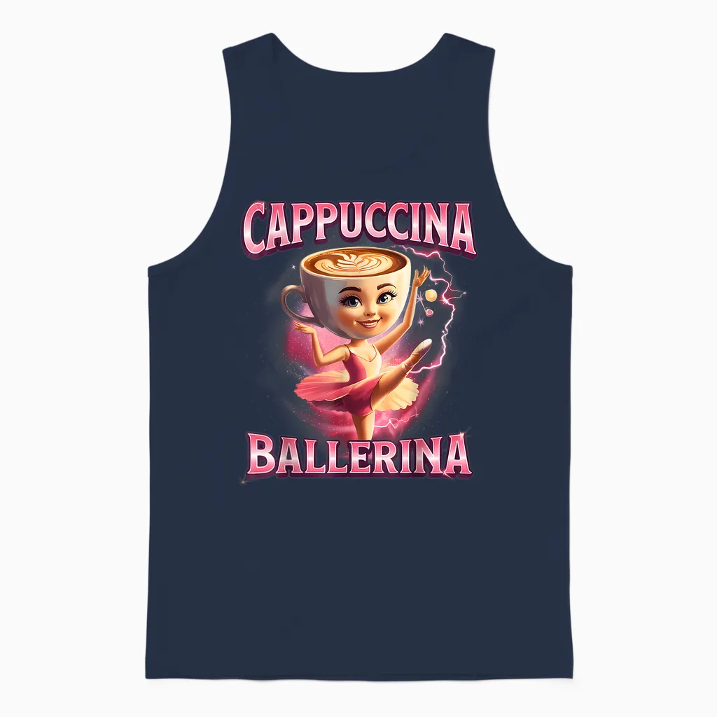 Cappuccino Ballerina Italian Brainrot Funny Memes Unisex Tank Top in Navy