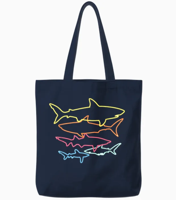 Retro 80s Shark Clothes Shark Party Kids Women Men Sharks Tote Bags in Navy