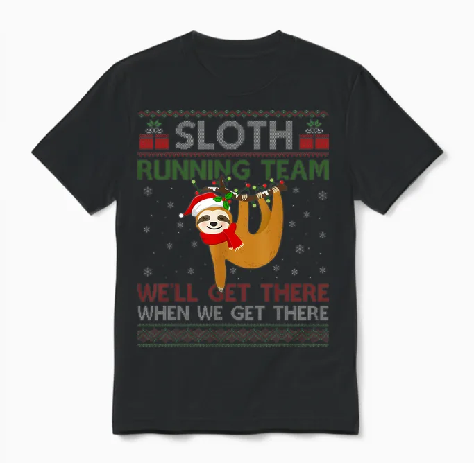 Funny Sloth Running Team Xmas Lights Ugly Sloth Christmas Unisex T-Shirt in Black