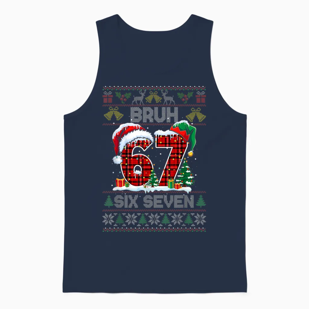 67 Bruh Meme Six Seven Christmas Ugly Sweater Kids Boys Unisex Tank Top in Navy