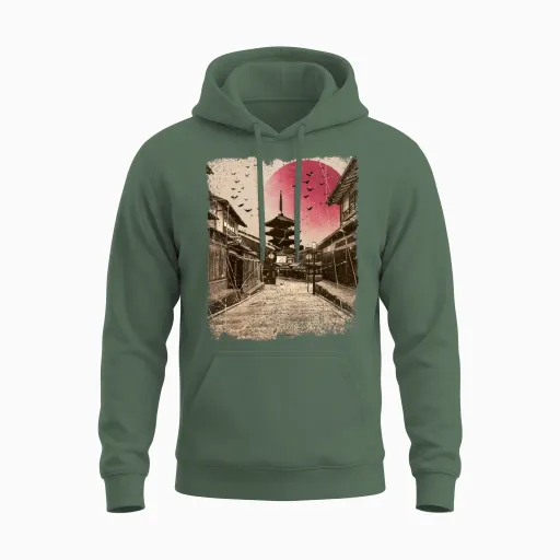 Japan Vintage Kyoto Japanese Art Unisex Hoodie in Military Green