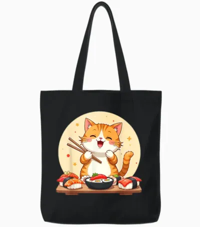 Japanese Sushi Kawaii Sushi Cat Lover T-Shirt, Black, S Tote Bags - Black