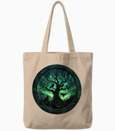 Hugin & Munin T-Shirt Ravens Odins Viking Tree of Life T-Shirt, Black Tote Bags - Natural