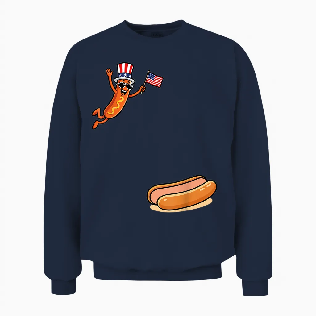 Hotdog Freedom Dive Funny Uncle Sam Hot Dog Jumping into Bun Unisex Sweatshirt in Navy