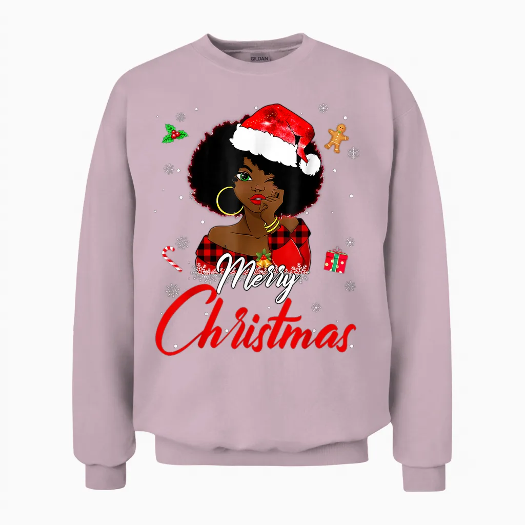 Black African Girl American Melanin Christmas Santa Hat Xmas Unisex Sweatshirt in Light Pink