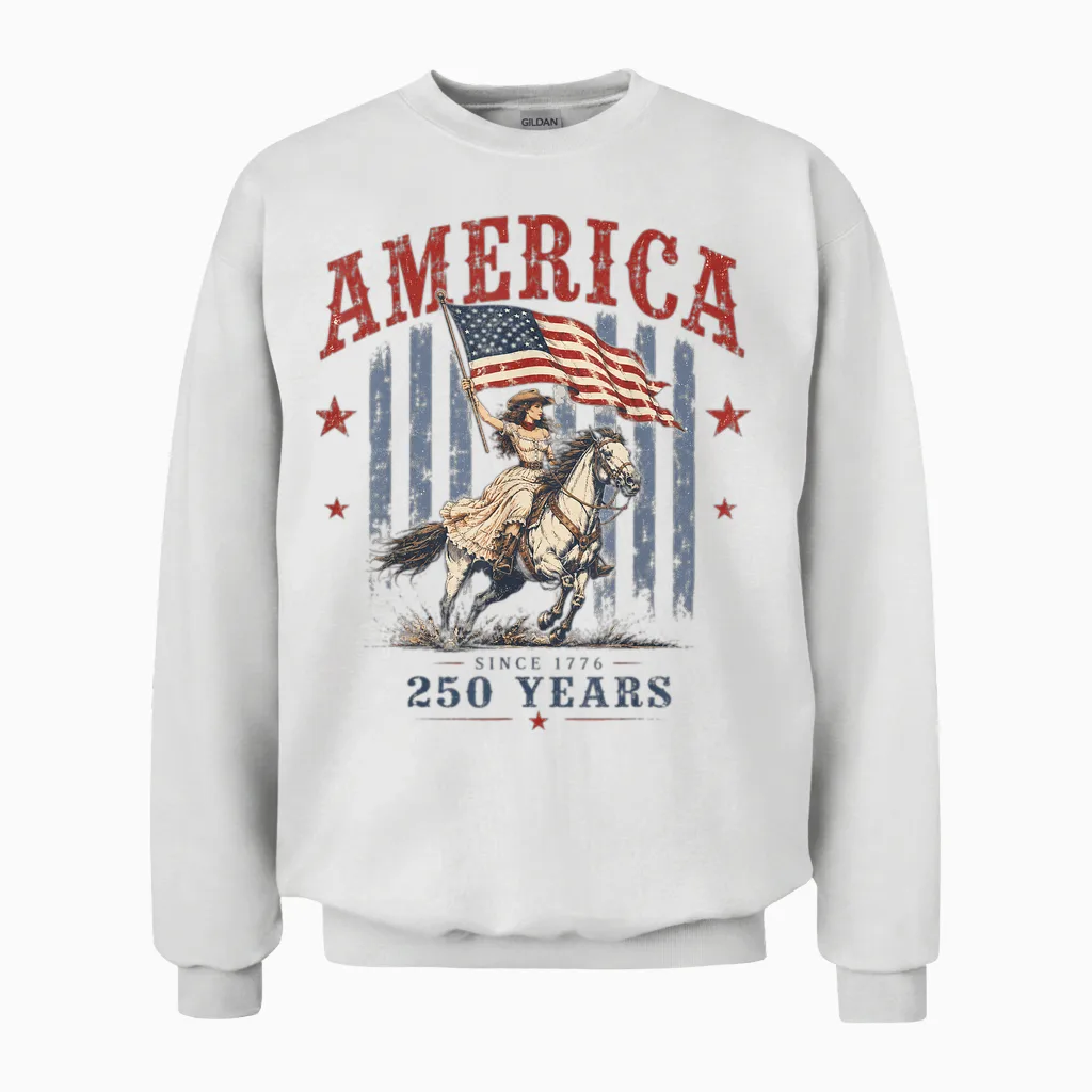 America 250 Years Patriotic Cowgirl 4th July for Girl Women Unisex Sweatshirt in White
