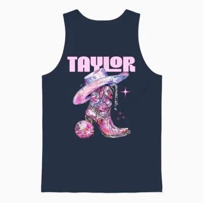 Taylor Outfit Disco Pink Cowgirl Shirt Women's Teen Girls Name T-Shirt, Black Unisex Tank Top - Navy