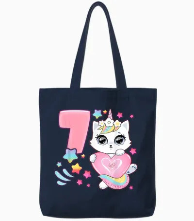 Geburtstag Mädchen 7 Jahre, Katze, Einhorn, 7. Geburtstag Tote Bags - Navy