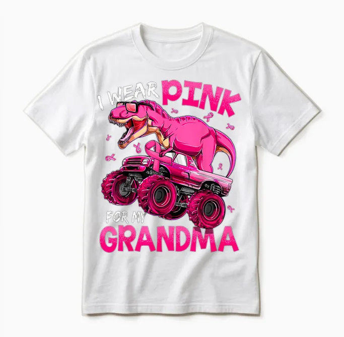I Wear Pink for My Grandma Breast Cancer Awareness Dinosaur Unisex T-Shirt in White