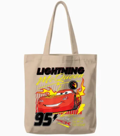 Cars Lightning Mcqueen on Fire T-Shirt, Black Tote Bags - Natural