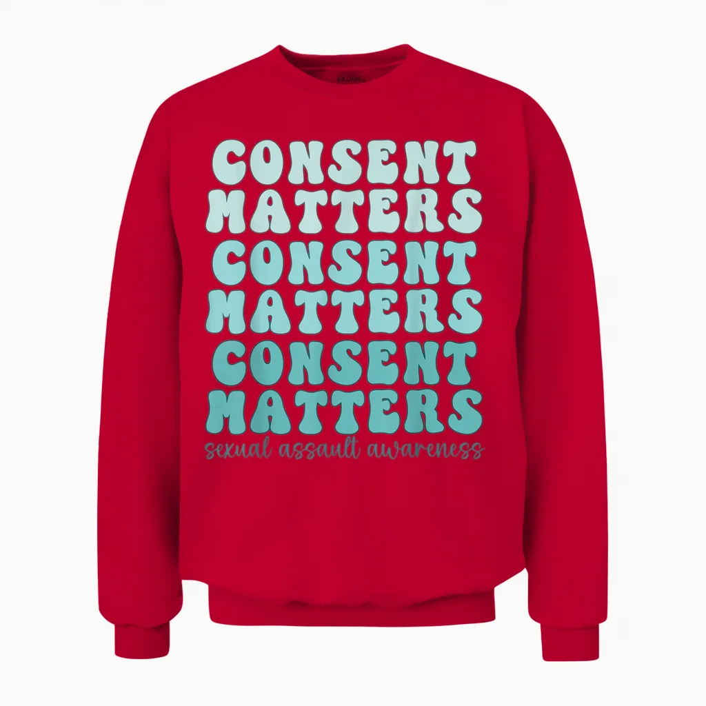Sexual Assault Awareness Month Consent Matters Teal Ribbon Unisex Sweatshirt in Red