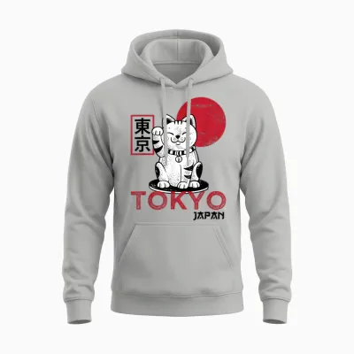 Maneki Neko Cat Lucky Charm Waving Arm Kawaii Anime Japan Tokyo Unisex Hoodie - Ash
