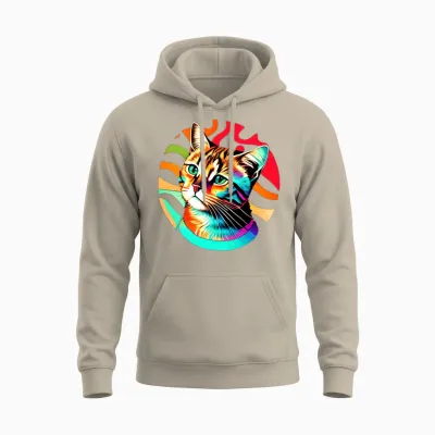 Retro Rainbow Colorful Cat Unisex Hoodie - Sand
