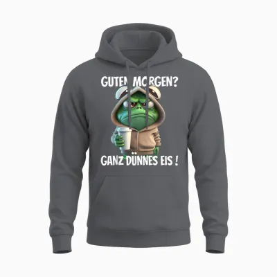 Funny T-Shirt with German Text "guten Morgen? Ganz Dünnes Eis!" Frog Motif, Black Unisex Hoodie - Charcoal
