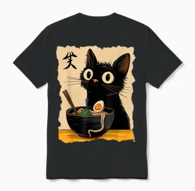Black Cat Ramen Japanese Kawaii Anime Cat Ramen Unisex T-Shirt - Black