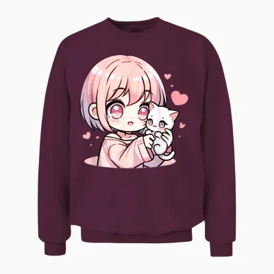 Anime Girl with Cat | Manga for Girls & Kawaii Cute Kitten T-Shirt, Black Unisex Sweatshirt - Maroon