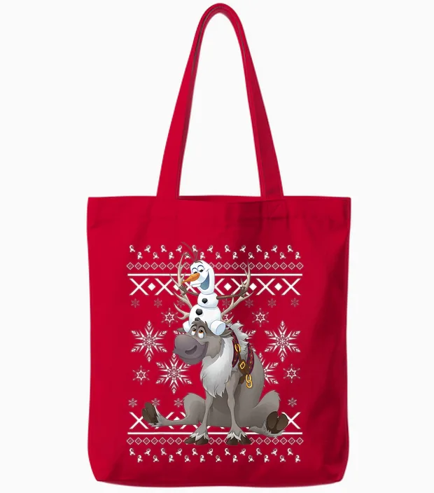 Disney Frozen Olaf Sven Riding Antlers Ugly Tote Bags in Red