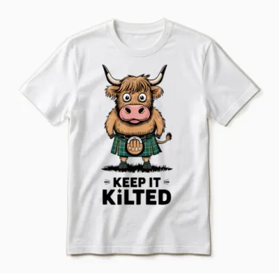 Highland Cattle Bull Wearing Kilt Keep It Kilted Unisex T-Shirt - White