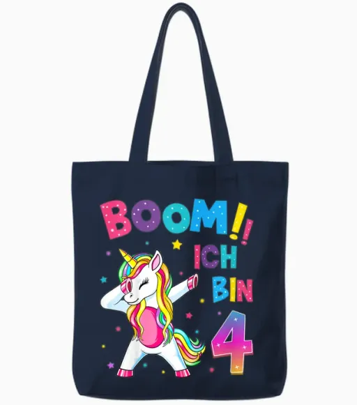Children's 4th Birthday Girl 4 Years Dancing Funny Unicorn T-Shirt, Black Tote Bags - Navy