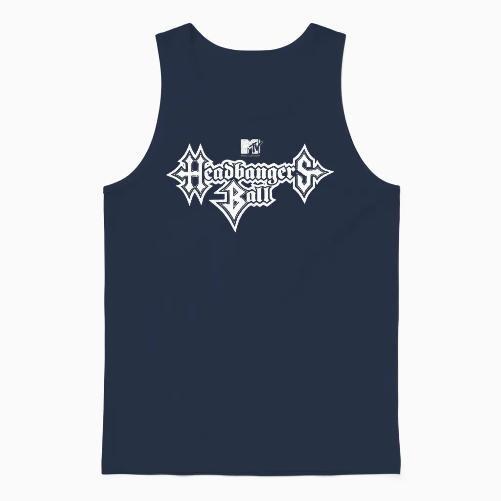 Mtv Headbangers Ball: Classic Fit, Round Neck, Short Sleeve Black Metal Text Unisex Tank Top in Navy