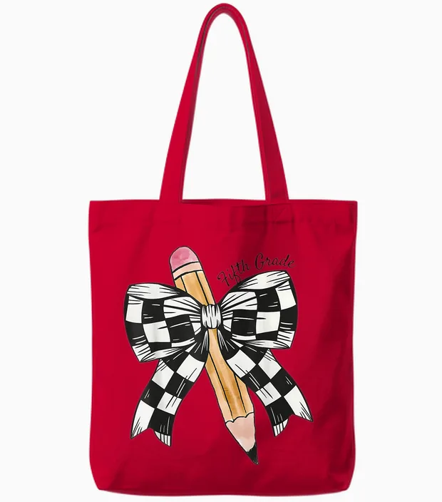 Back to School Hello Fifth Grade Teacher Coquette Pencil Bow Tote Bags in Red