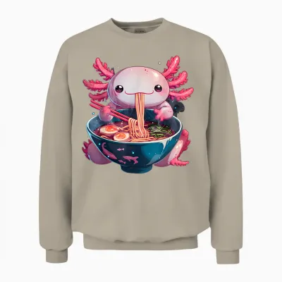 Axolotl Ramen Anime Kawaii Eating Girls Teen Gifts T-Shirt, Black, S Unisex Sweatshirt - Sand