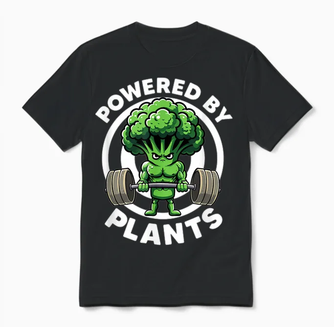 Powered by Plants Vegan Athlete Vegan Gym Vegan Bodybuilding T-Shirt, Black, S Unisex T-Shirt in Black