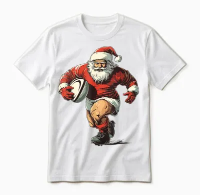 Funny Christmas Pajamas Rugby Player Santa Playing Rugby T-Shirt, Black, S Unisex T-Shirt - White