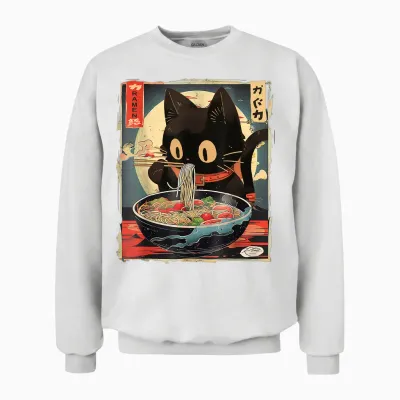 Cat Ramen Manga Anime for Kids Boys Girls Teens Kawaii Cat Eating Ramen Noodles Anime Gift Girls Teens Unisex Sweatshirt - White