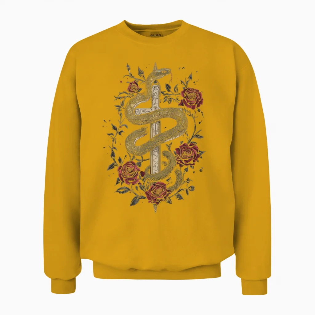 Snakes and Roses Around a Sword - Gothic T-Shirt, Black, S Unisex Sweatshirt in Gold