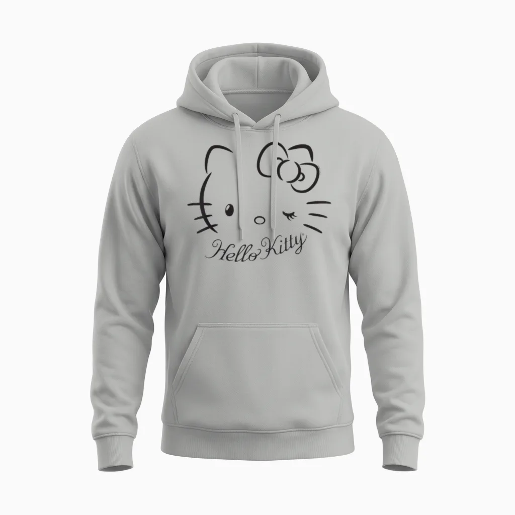 Sanrio Hello Kitty Winking Tee T-Shirt, Women's Casual Classic Cartoon Letter Print T-Shirt, Grey, Small Unisex Hoodie in Ash