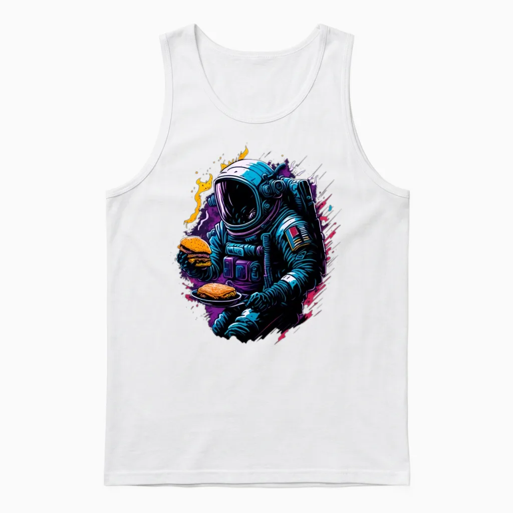 Funny Astronaut with Hamburger Unisex Tank Top in White