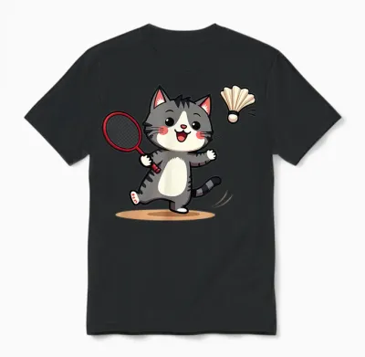 Funny Badminton Cute Cat Racket Flying T-Shirt, Black, S Unisex T-Shirt - Black