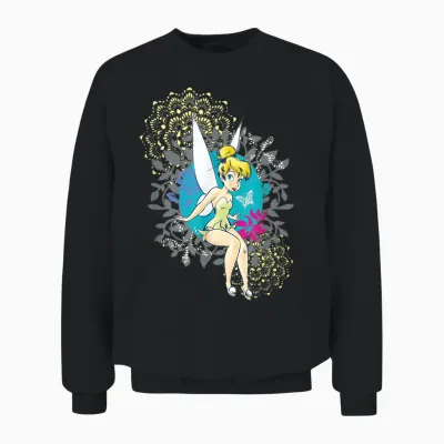 Tinkerbell Floral Pattern T-Shirt, Black, S Unisex Sweatshirt - Black