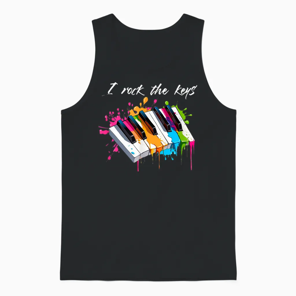 T-Shirt with "i Rock the Keys" Musician Keyboard Piano, Black Unisex Tank Top in Black