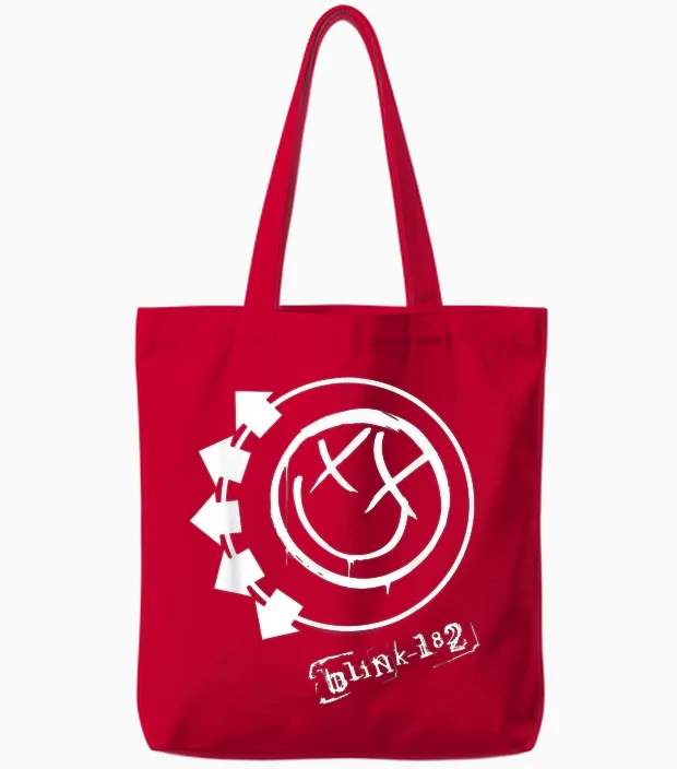 Blink 182 Smile Rock Music Band by Rock Off Tote Bags in Red
