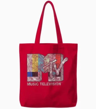 Mtv Classic Fit Black T-Shirt - Vintage Tv Signal Logo, 100% Cotton, Adult Short Sleeve Tote Bags - Red