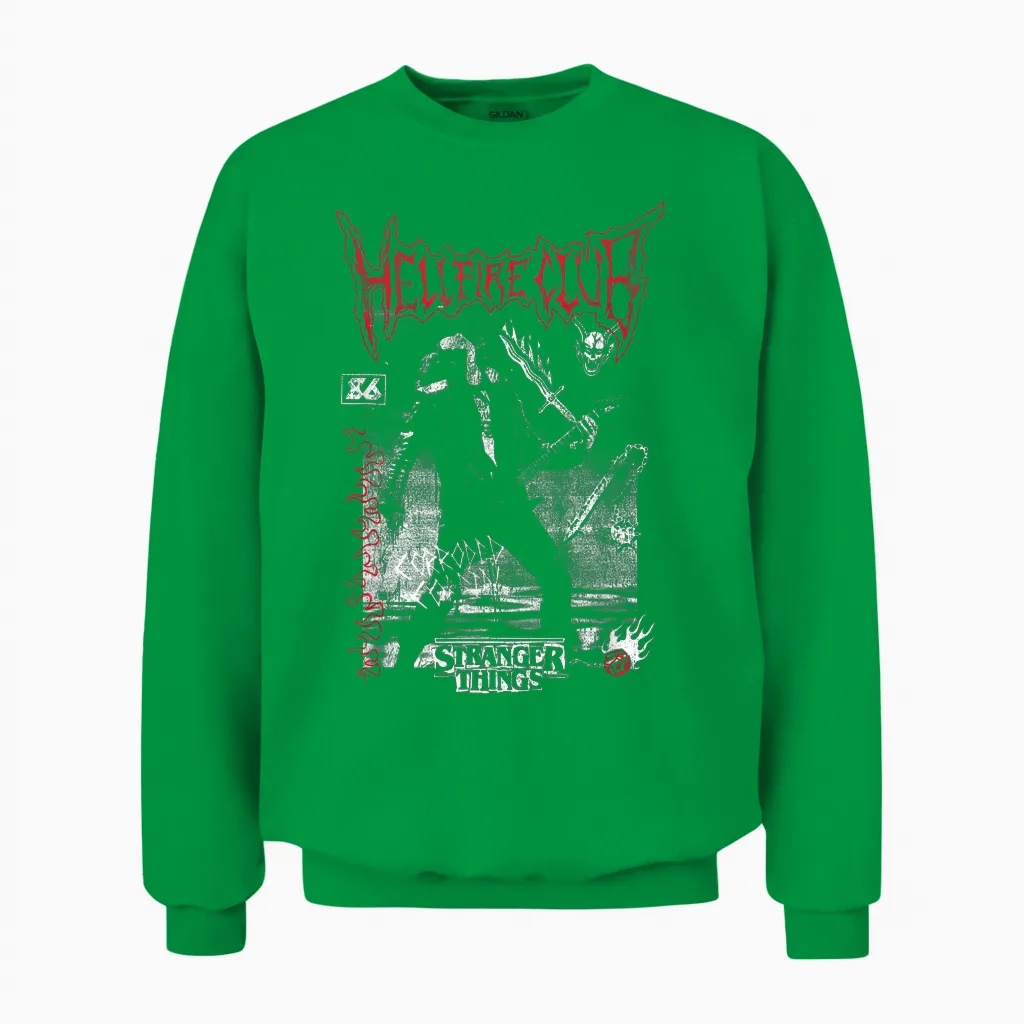 Stranger Things Eddie Hellfire Officially Licensed Unisex Sweatshirt in Irish Green
